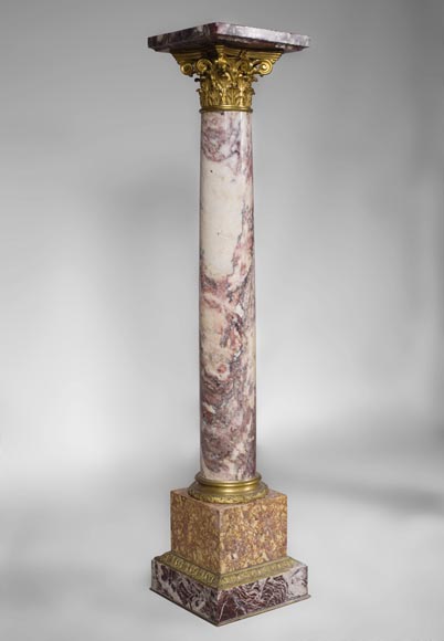 Very beautiful antique pair of columns in Breccia Violet marble, Yellow Brocatelle and Red Levanto with gilt bronze ornaments-6