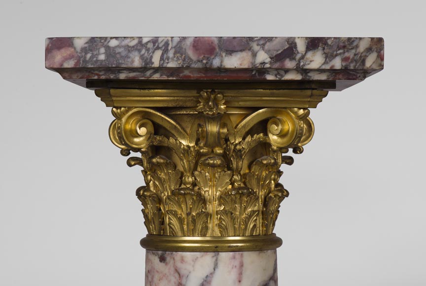 Very beautiful antique pair of columns in Breccia Violet marble, Yellow Brocatelle and Red Levanto with gilt bronze ornaments-7
