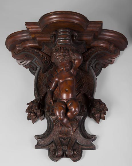 Pair of applied consoles in carved walnut with putti decor, Napoleon 3 period-1