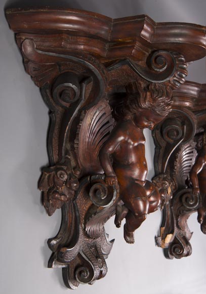 Pair of applied consoles in carved walnut with putti decor, Napoleon 3 period-2