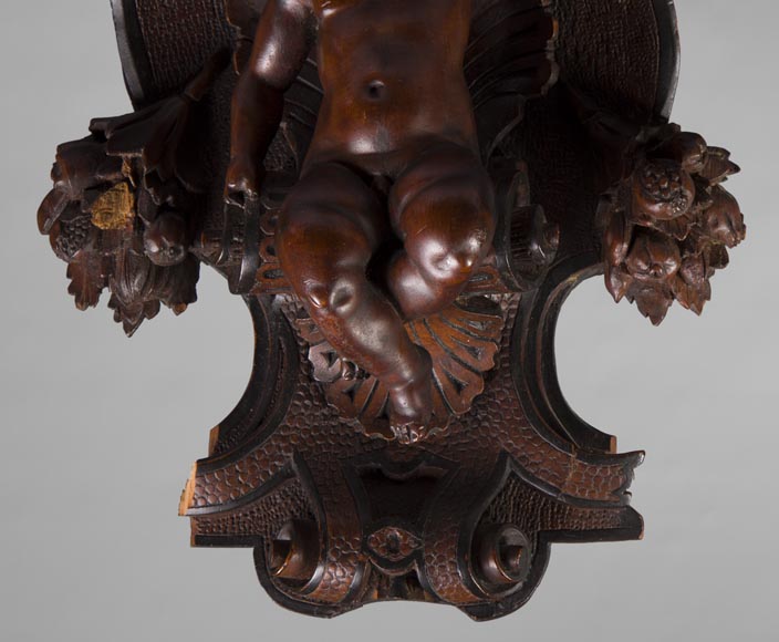 Pair of applied consoles in carved walnut with putti decor, Napoleon 3 period-5
