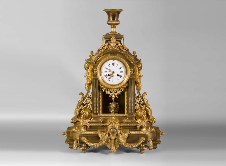Important Louis XVI style gilt bronze clock with solar mask, Napoleon 3 period-0