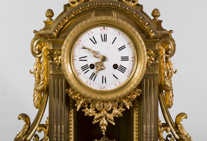 Important Louis XVI style gilt bronze clock with solar mask, Napoleon 3 period-1