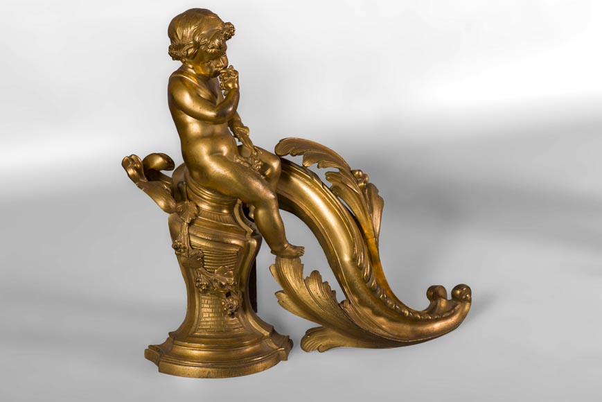 Pair of Louis XV style andirons in gilded bronze decorated with children in vineyards-1