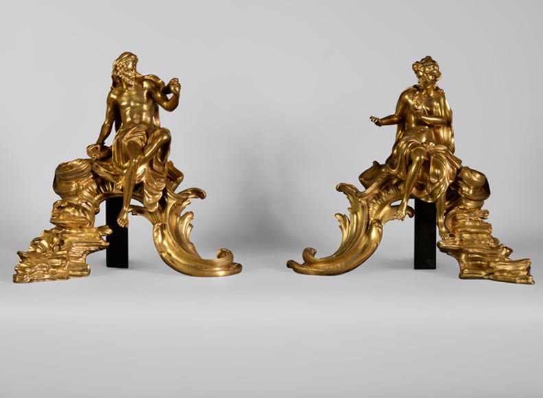Fabulous Pair of 19th Century Louis XV Style D'ore Bronze Chenets/Andirons Fabulous Pair of 19th Century Louis XV Style D'ore Bronze Chenets/Andirons