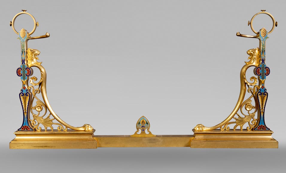 Pair of Napoleon III style andirons in gilt bronze with enamelled decoration-0