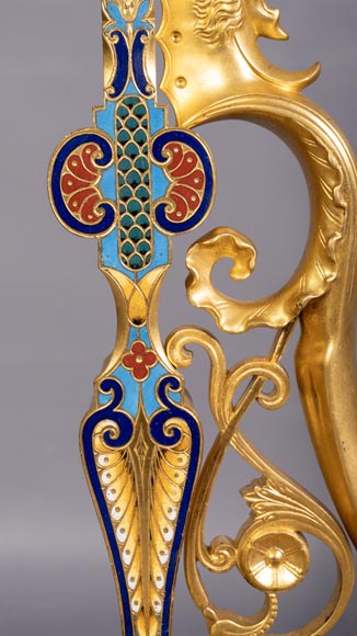Pair of Napoleon III style andirons in gilt bronze with enamelled decoration-4