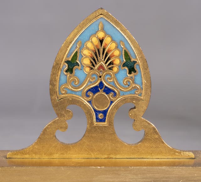 Pair of Napoleon III style andirons in gilt bronze with enamelled decoration-6