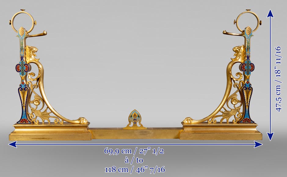 Pair of Napoleon III style andirons in gilt bronze with enamelled decoration-11