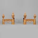 Beautiful pair of Napoleon III style gilt bronze andirons with military trophies