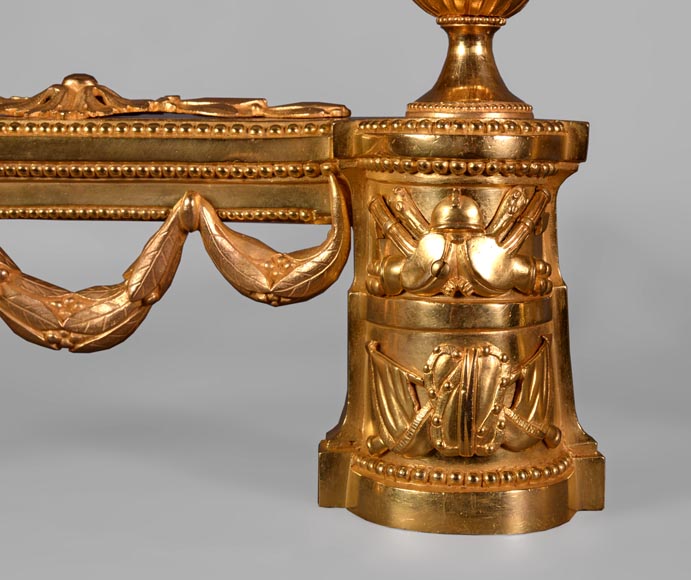 Beautiful pair of Napoleon III style gilt bronze andirons with military trophies-4