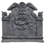 Antique cast iron fireback with coat of arms with a sword and two stars, two ionic pilasters and leather cut pattern, late 17th century 