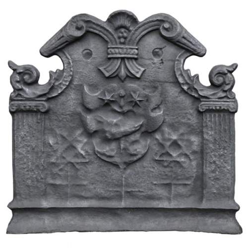 Antique cast iron fireback with coat of arms with a sword and two stars, two ionic pilasters and leather cut pattern, late 17th century