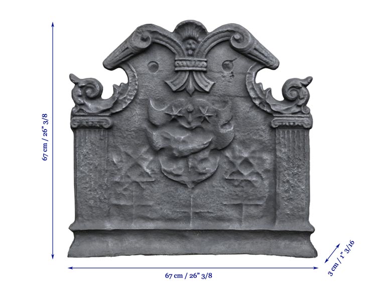 Antique cast iron fireback with coat of arms with a sword and two stars, two ionic pilasters and leather cut pattern, late 17th century -7