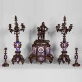 Antique Troubadour style 5 pieces clock set, cast iron and Paris porcelain