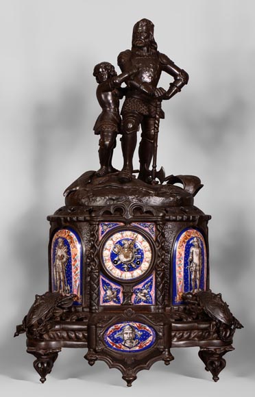 Antique Troubadour style 5 pieces clock set, cast iron and Paris porcelain-1