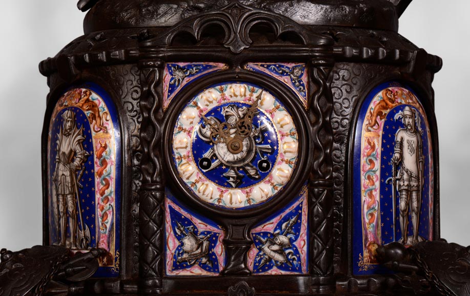 Antique Troubadour style 5 pieces clock set, cast iron and Paris porcelain-3
