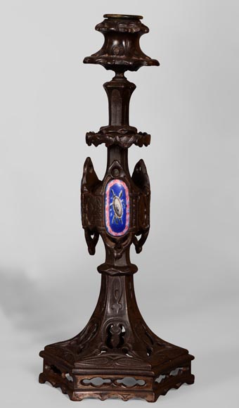 Antique Troubadour style 5 pieces clock set, cast iron and Paris porcelain-9