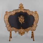 Antique large Napoleon III style firescreen in gilt bronze with head of satyr