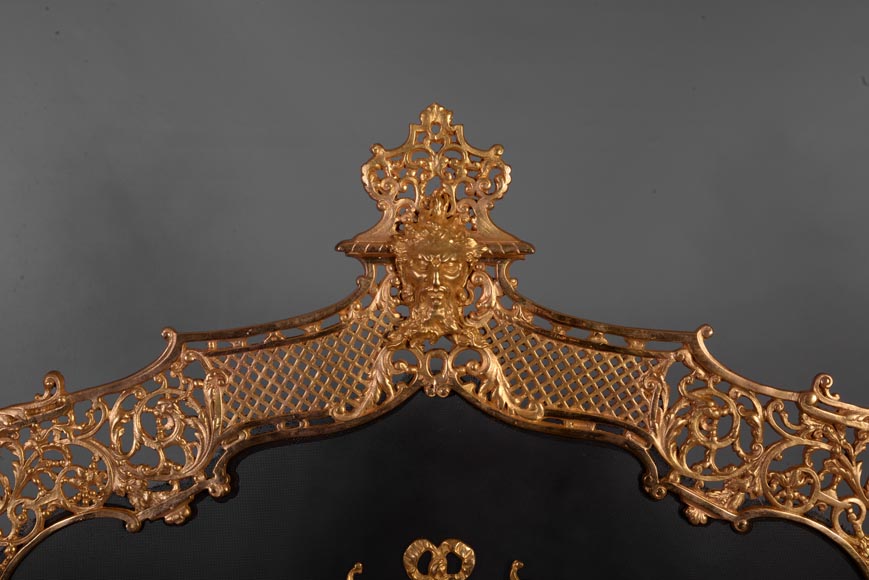 Antique large Napoleon III style firescreen in gilt bronze with head of satyr-1