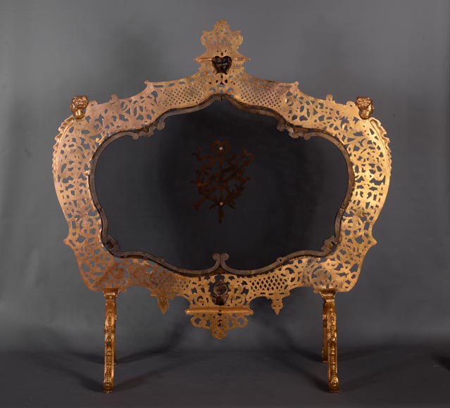 Antique large Napoleon III style firescreen in gilt bronze with head of satyr-10
