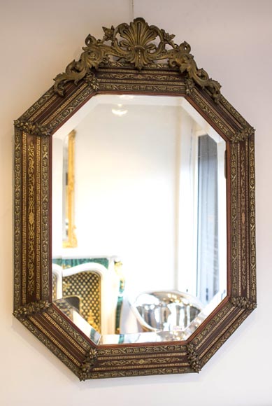 Beautiful octagonal Napoleon 3 mirror with beveled glass, wood, bronze and golden brass inlays-0