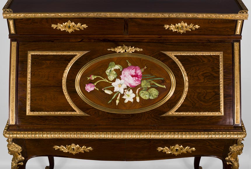 Julien-Nicolas RIVART (1802-1867) - Writing desk with gilt bronze espagnolettes and porcelain marquetry decoration-2