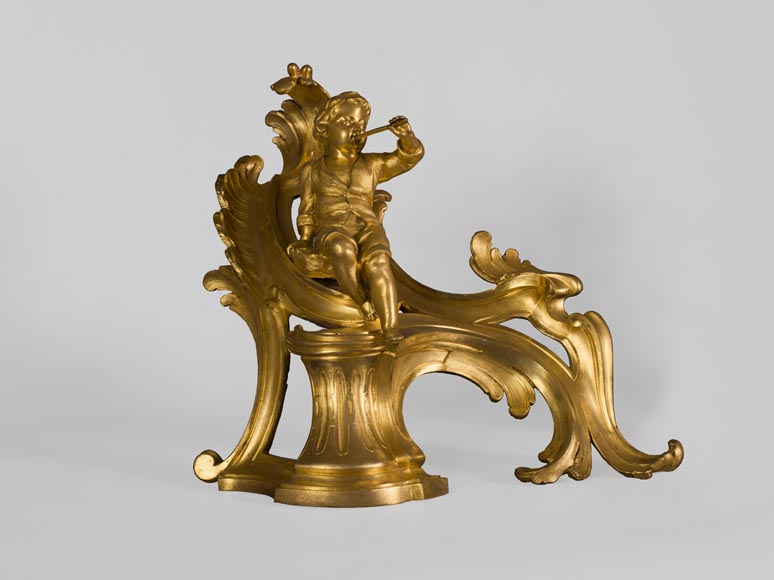 Superb pair of Louis XV period gilt bronze andirons with putti blowing soap bubbles, 18th-century original gilt-1