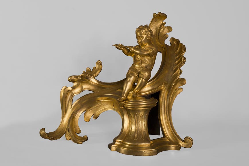 Superb pair of Louis XV period gilt bronze andirons with putti blowing soap bubbles, 18th-century original gilt-2