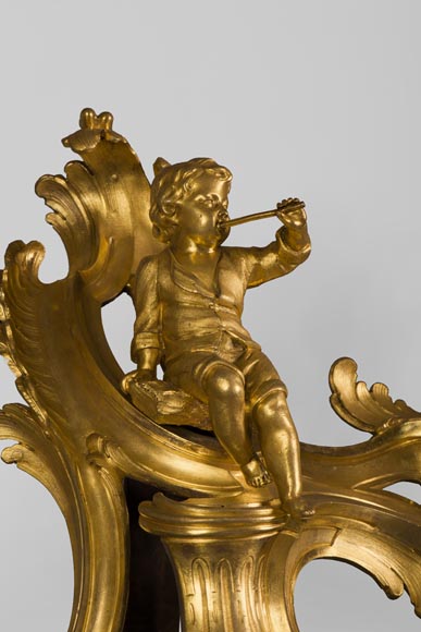 Superb pair of Louis XV period gilt bronze andirons with putti blowing soap bubbles, 18th-century original gilt-3