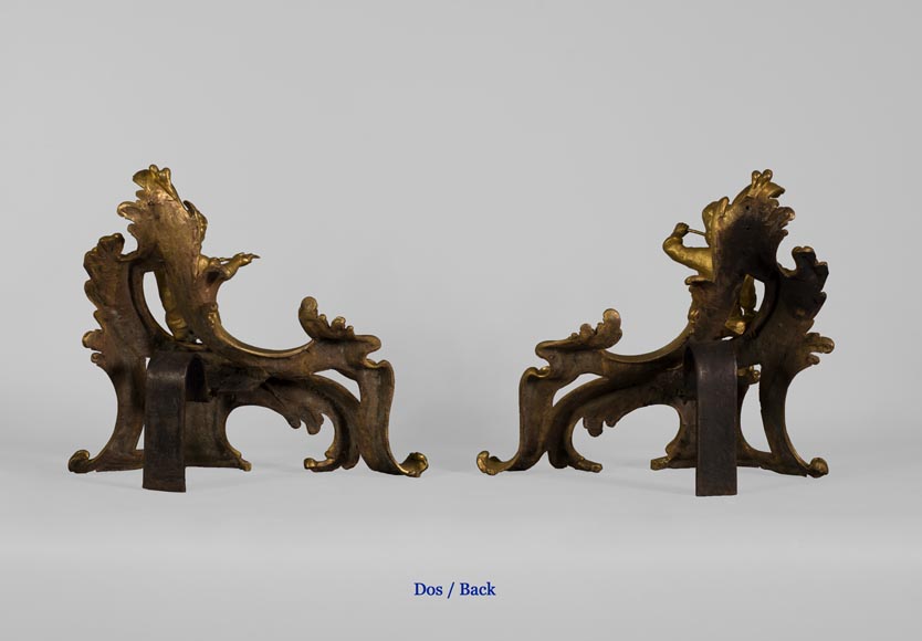 Superb pair of Louis XV period gilt bronze andirons with putti blowing soap bubbles, 18th-century original gilt-8