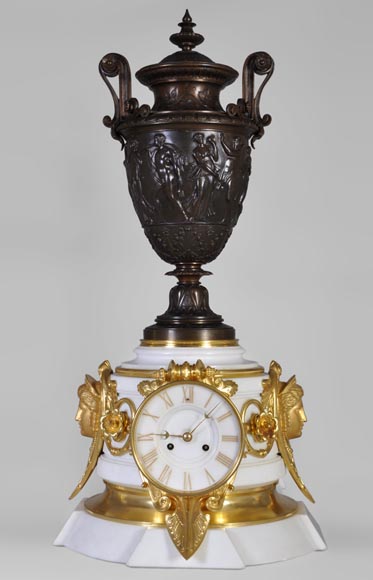 Important Napoléon III style double side clock in statuary marble and bronze-0