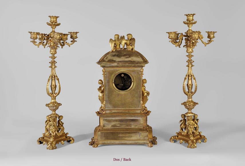 Gilt bronze 19th-century Romantic clock set with the Four Seasons