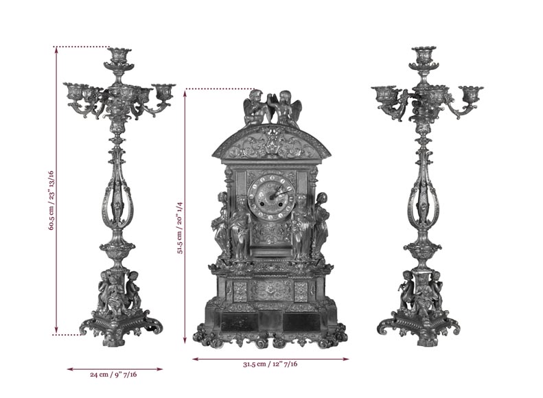 Gilt bronze 19th-century Romantic clock set with the Four Seasons