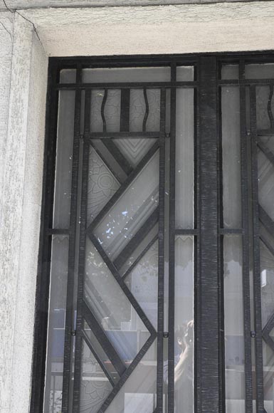 Rare Art Deco exterior door, 1930's, iron and engraved glass with