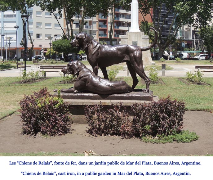 ""Hunting dogs"", exceptional antique cast iron statue signed by Camille Gaté, model from the 1889 World's Fair