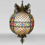 Beautiful antique Neo-Gothic style spherical chandelier in stained glass, late 19th century