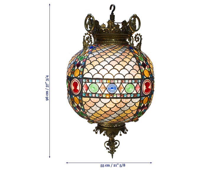 Beautiful antique Neo-Gothic style spherical chandelier in stained glass, late 19th century-6