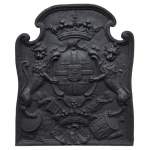 Beautiful antique cast iron fireback with the Cléron family coat of arms, 18th century