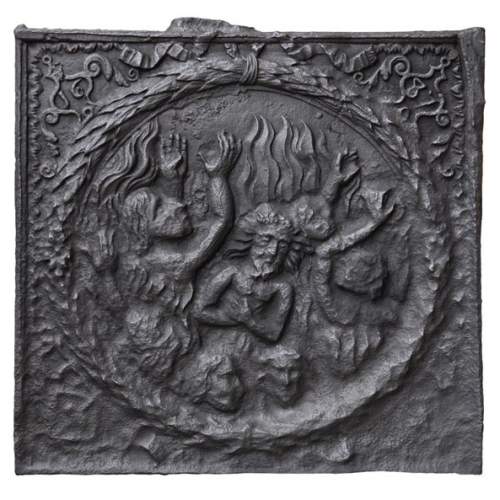 Cast iron fireback with the Damned burning in Hell