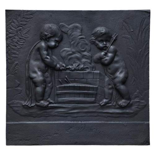 Putti Forging Cupid's Arrows, antique cast iron fireback