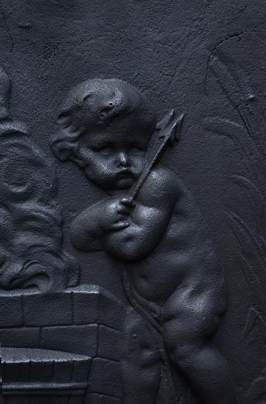 Putti Forging Cupid's Arrows, antique cast iron fireback-2