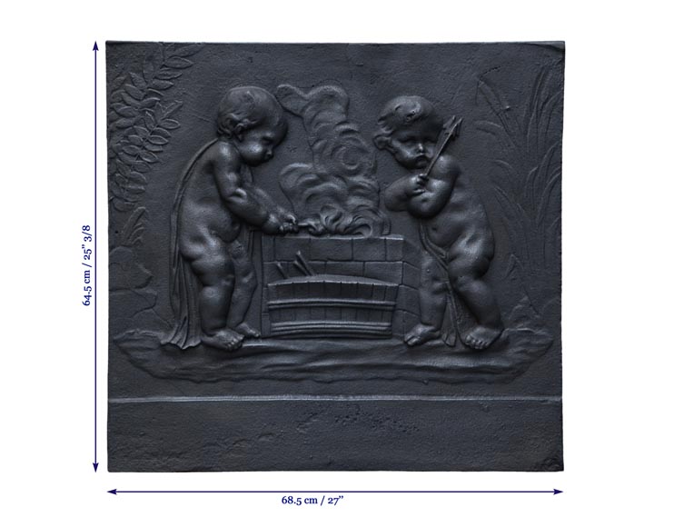 Putti Forging Cupid's Arrows, antique cast iron fireback-6