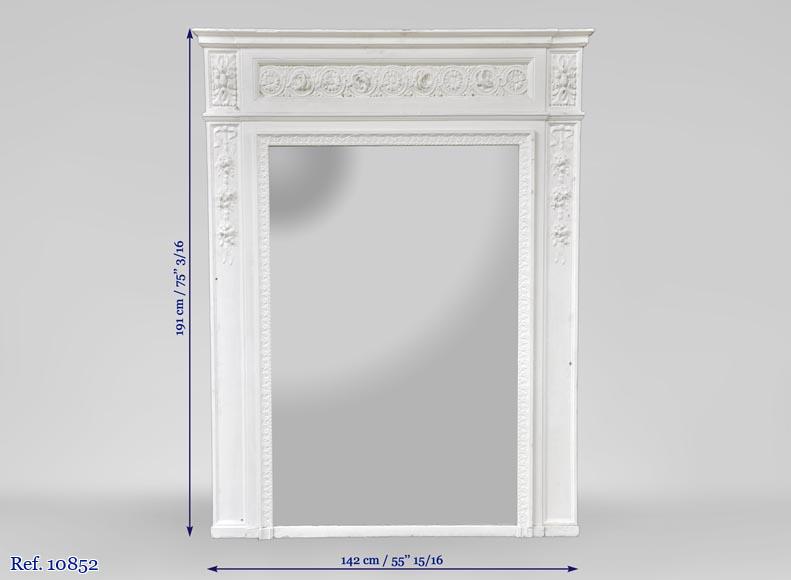 Antique Louis XVI style overmantel mirror with flowers frieze, wood and painted stucco-7