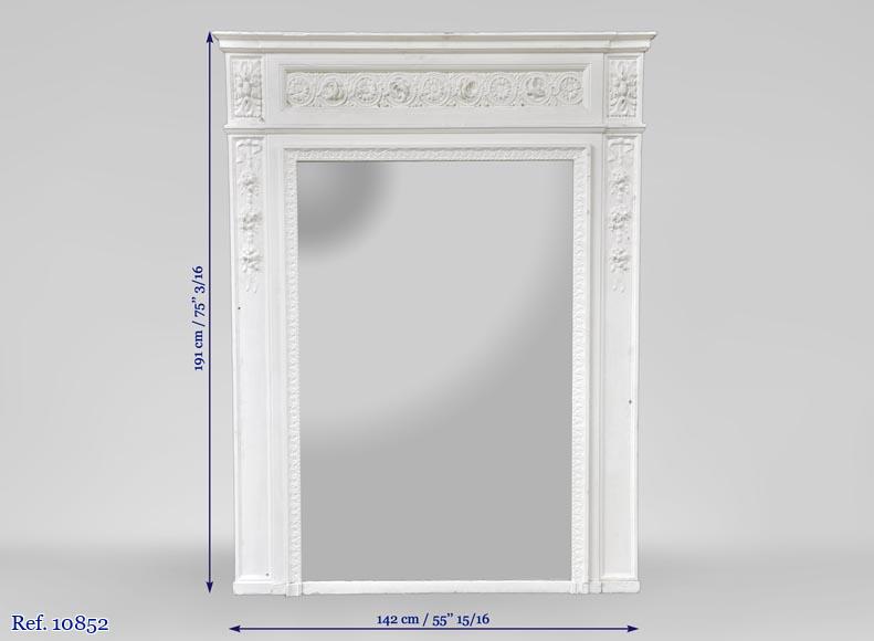 Antique Louis XVI style overmantel mirror with flowers frieze, wood and painted stucco-7