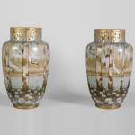 Manufacture KELLER & GUERIN in Luneville - pair of vases decorated with storks in flight in a lake landscape