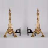 Pair of antique Napoleon III style andirons in gilt bronze with lion heads