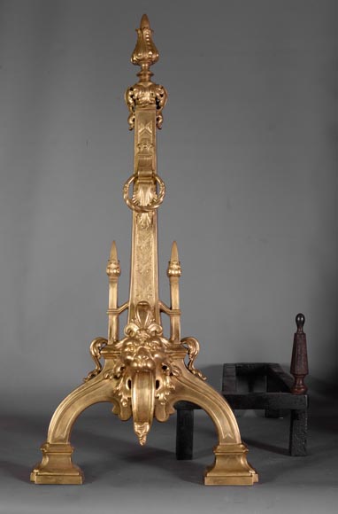 Pair of antique Napoleon III style andirons in gilt bronze with lion heads-1