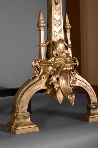 Pair of antique Napoleon III style andirons in gilt bronze with lion heads-8