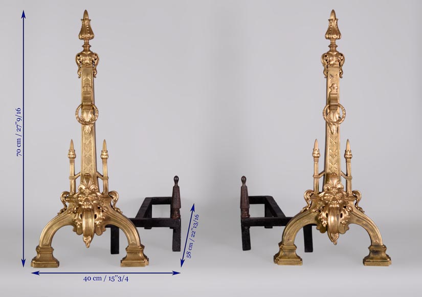 Pair of antique Napoleon III style andirons in gilt bronze with lion heads-9